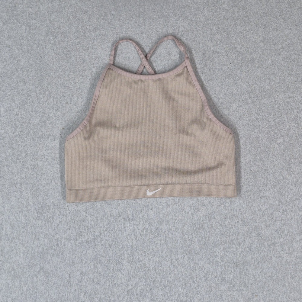 Nike Women Sports Bra Large Beige DRI FIT Wireless Crossback High Neck Pullover